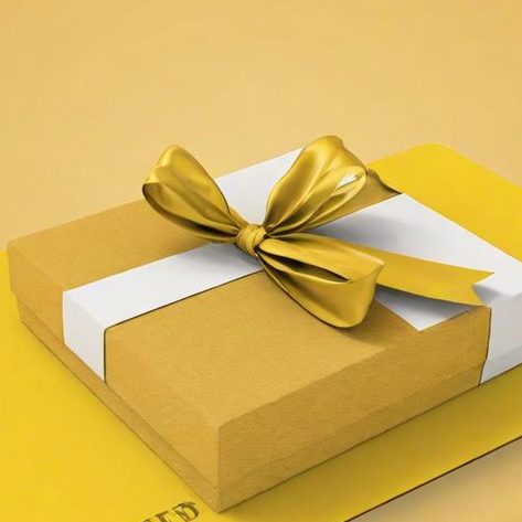 Gutschein Geschenkbox in Gelb mit weißem Band und Schleife auf hellem Untergrund.