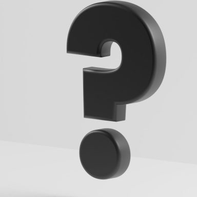 Schwarzes Fragezeichen über einem Punkt auf hellem Hintergrund.